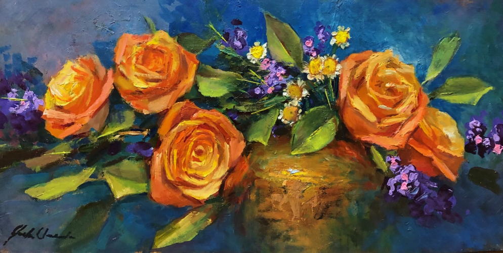 Yellow-Orange Roses & Blue 8x16 $750 at Hunter Wolff Gallery
